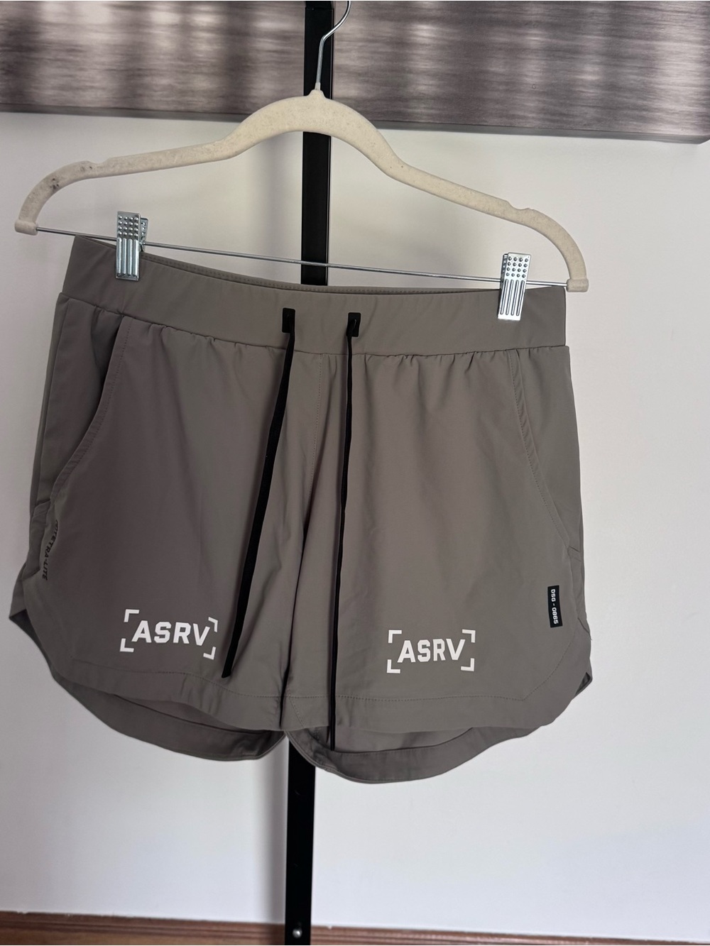 ASRV treta-lite 5” Taupe Athletic Shorts with Black Drawstring